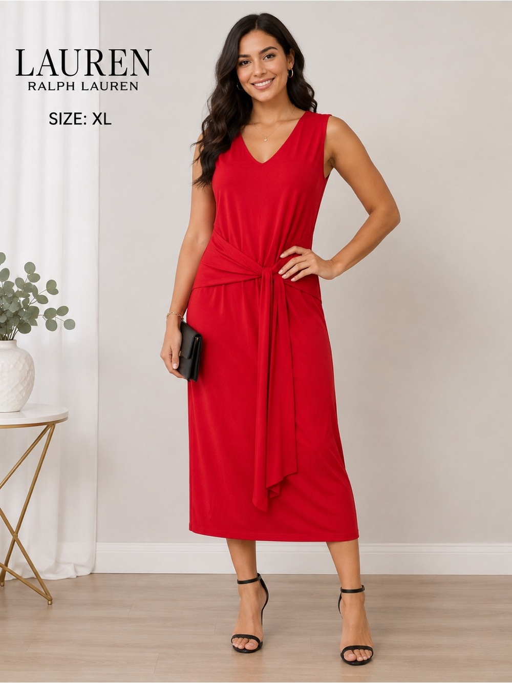 Lauren Ralph Lauren XL Red Sleeveless V-Neck Tie Waist Midi Dress minimalist